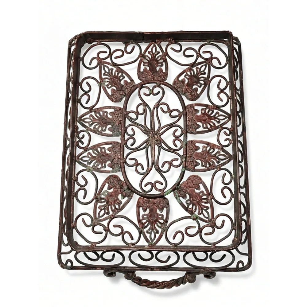Farmhouse Cottagecore Metal Filigree Serving Tray Rectangular Twisted Handle
